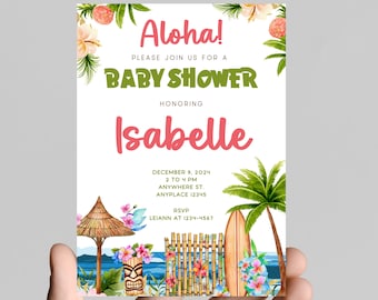 Hawaiian luau theme baby shower invitation, pink flamingo, tropical, baby girl, digital or printable