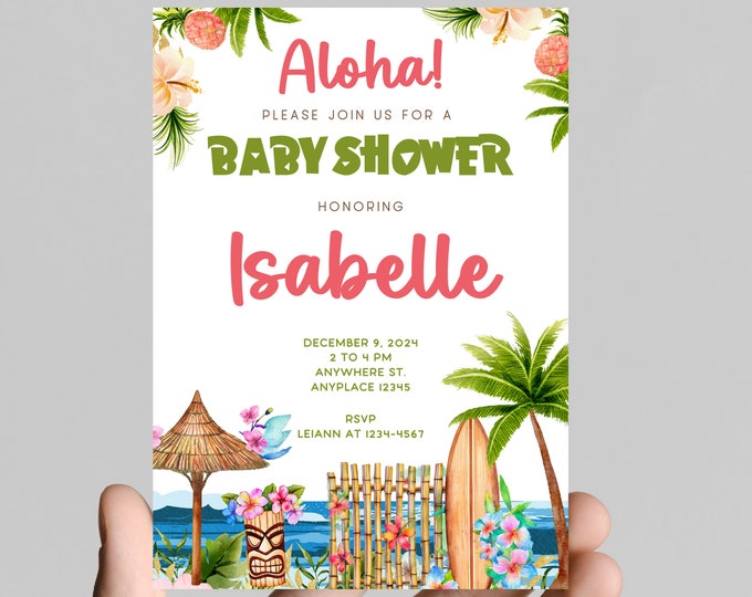 Hawaiian luau theme baby shower invitation, pink flamingo, tropical, baby girl, digital or printable