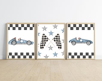 Race cars wall art, checkered flag, race way, need for speed, boy room, 11x14 set of 3 printables included, frame not included