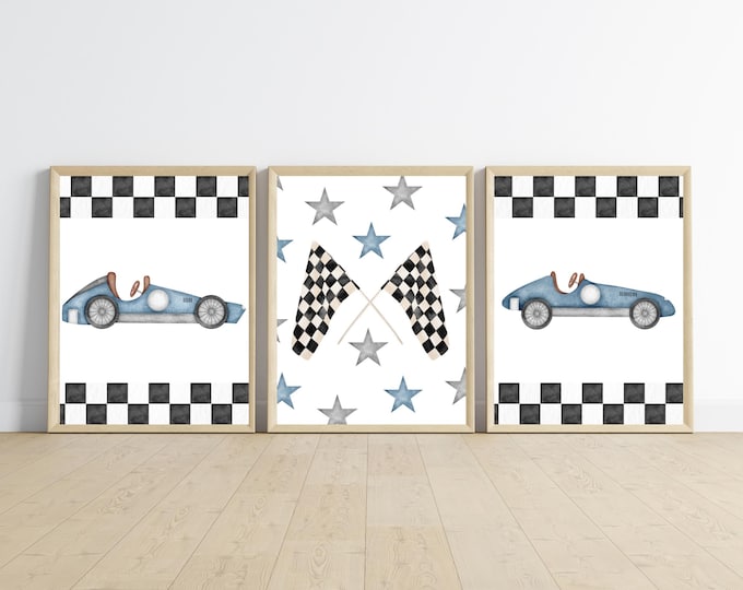 Race cars wall art, checkered flag, race way, need for speed, boy room, 11x14 set of 3 printables included, frame not included