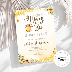 Honey Bee Editable Canva Birthday invitation for Baby Girl, Baby Boy, Bee-day Invitation Birthday Party, E-invite, Printable, Honey Bee
