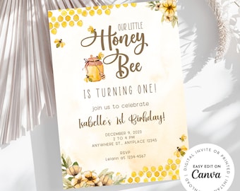 Honey Bee Birthday Invitation, Editable Canva Template (5x7 inches)