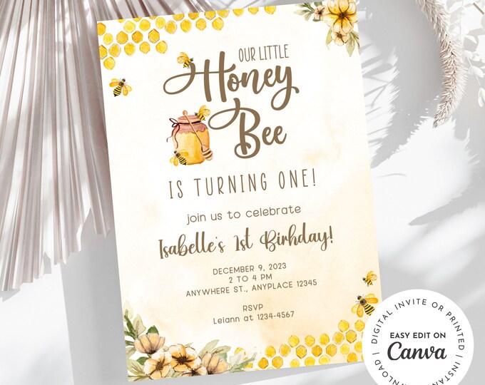 Honey Bee Editable Canva Birthday invitation for Baby Girl, Baby Boy, Bee-day Invitation Birthday Party, E-invite, Printable, Honey Bee