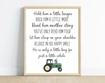 Green tractor for boy bedroom wall art, Hold him a little longer nursery sign, John Deere tractor nursery art, digital download, printable