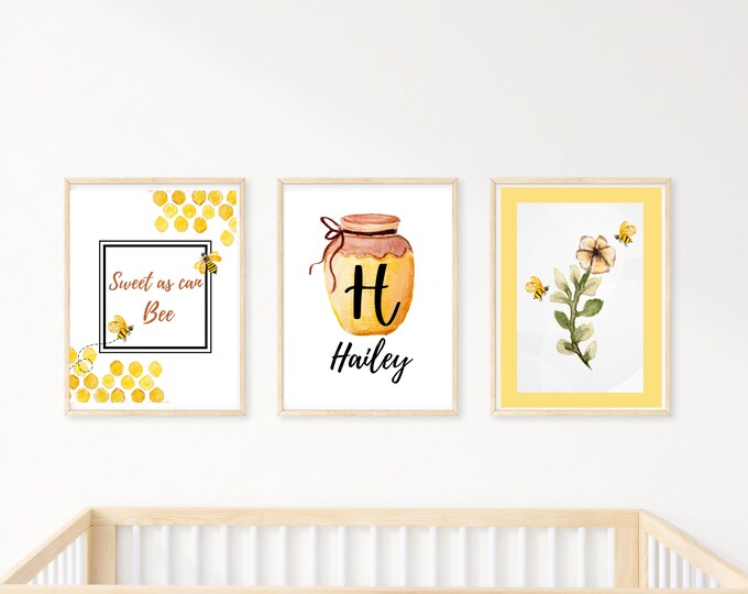Honey bee, Baby nursery decor, baby girl, Bees, gold, Honey, wall art, 11x14, 3 prints included, customizable