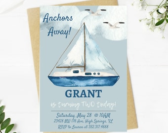 Nautical Birthday Invitation, Sailboat Theme, Ocean, Beach (Instant Download)