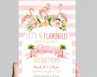 Flamingo Birthday Invitation, Pink and Gold Glitter (Digital Download)
