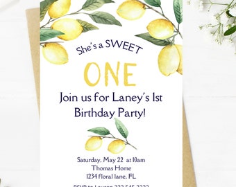 She's a sweet ONE first birthday themed lemon lemonade birthday invitation themed girl birthday party, lemons, sweet girl, first birthday