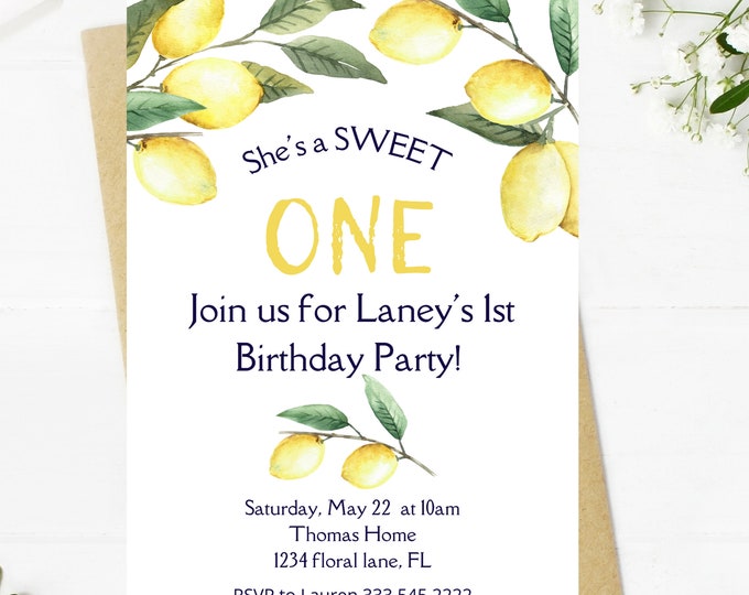 She's a sweet ONE first birthday themed lemon lemonade birthday invitation themed girl birthday party, lemons, sweet girl, first birthday