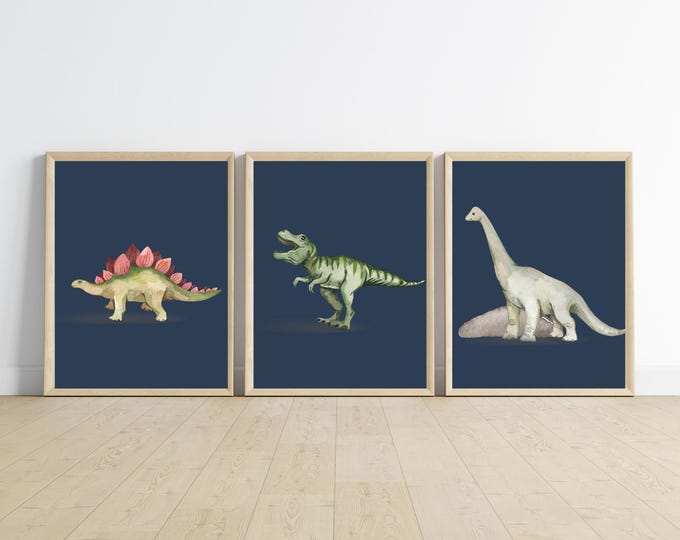 dinosaur boy bedroom wall art, baby boy nursery wall decor, t-rex, dinosaurs, 11x14, set of 3 prints