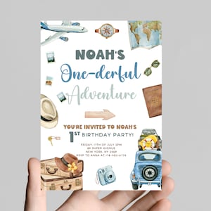 Convite para festa de 1º aniversário com tema de viagem pelo mundo vintage, aventura ONE-derful, mundo maravilhoso, primeiro aniversário de menino, para impressão, digital