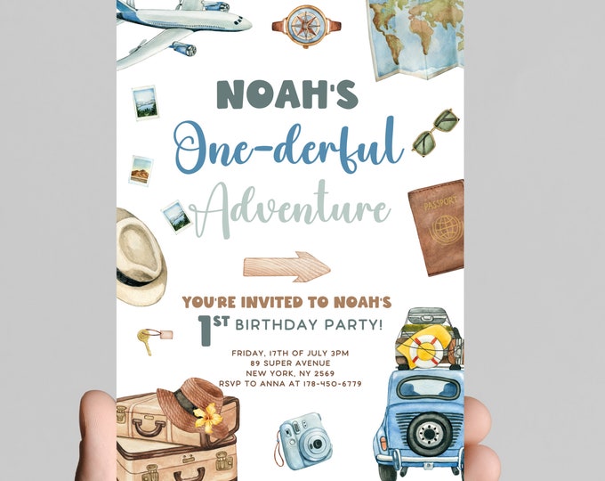ONE-derful adventure, vintage world travel theme 1st birthday party invitation, wonderful world, boy first birthday, printable, digital