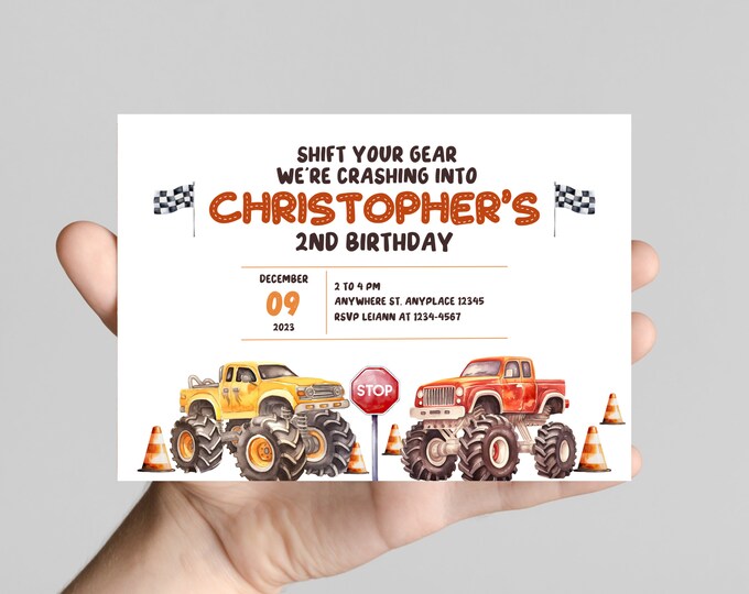 Monster truck theme Birthday Invitation, boom crash it's a monster truck bash! birthday boy, monster trucks, dirt, trucks