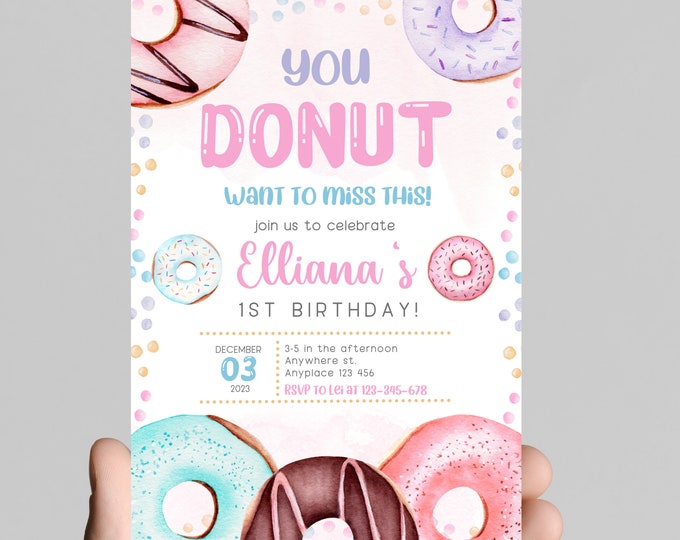 Donut theme birthday invitation, you DONUT want to miss this, donuts, bakery sweets themed invitation for little girl, sprinkles, printable