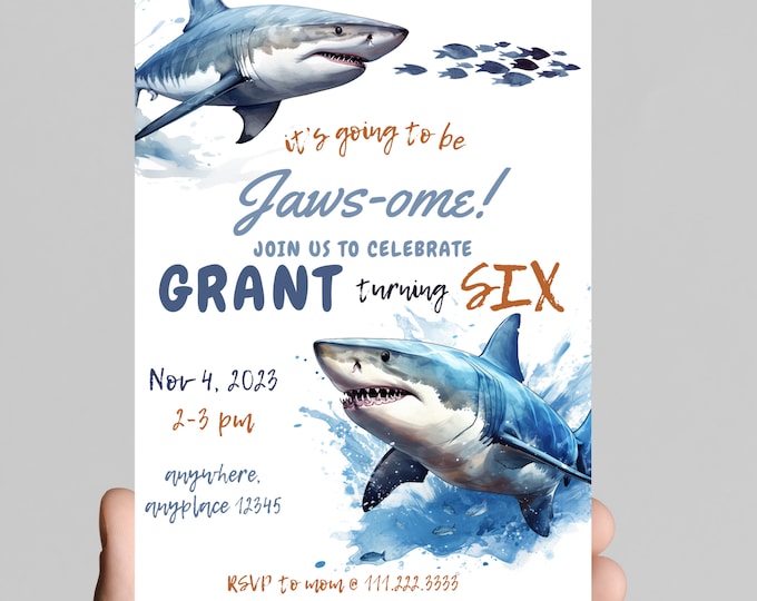 Jawsome time! Shark-tactic shark theme birthday party invitation, edit to any age, deep sea, ocean, sharks, jaws, shark attack, shark week.