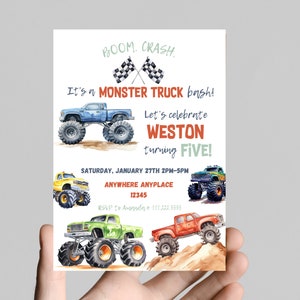 Monster truck thema verjaardagsuitnodiging, boem crash het is een monster truck bash! feestvarken, monstertrucks, vuil, vrachtwagens