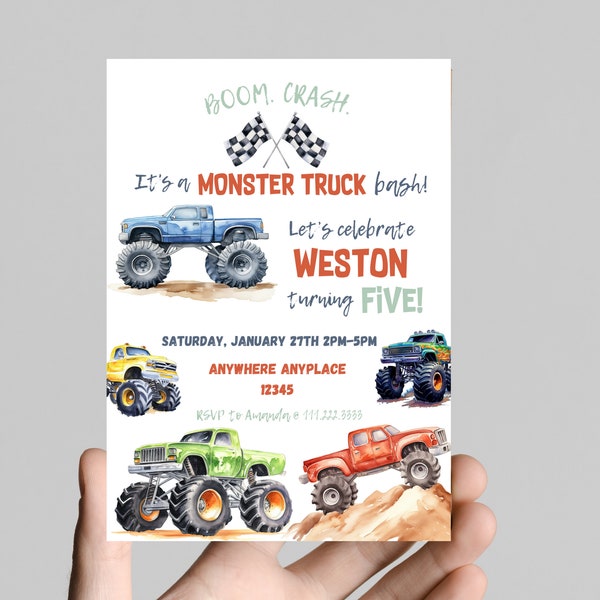 Monster truck theme Birthday Invitation, boom crash it's a monster truck bash! birthday boy, monster trucks, dirt, trucks