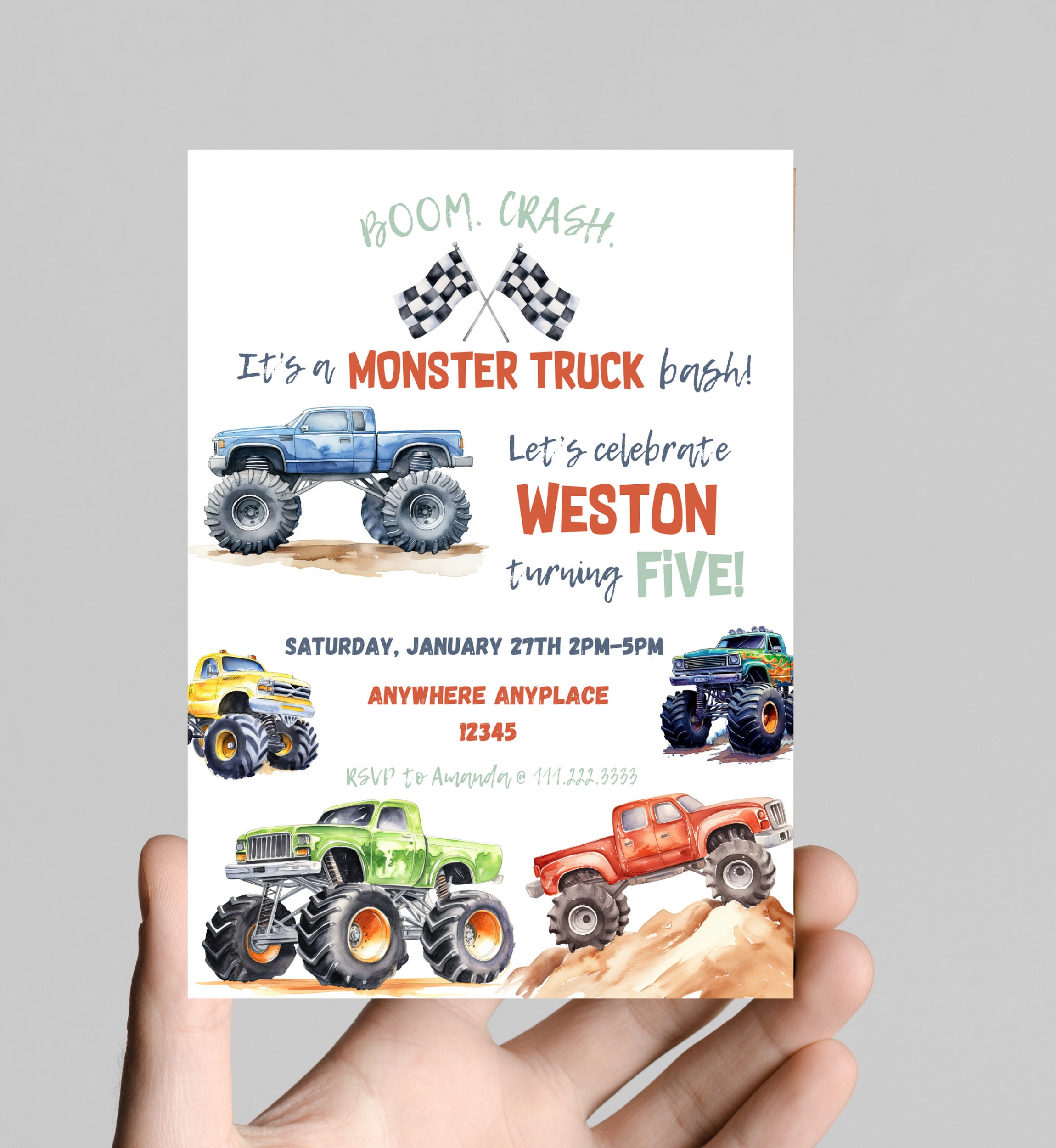 Monster truck theme Birthday Invitation, boom crash it's a monster truck bash! birthday boy, monster trucks, dirt, trucks Monster truck theme Birthday Invitation, boom crash it's a monster truck bash! birthday boy, monster trucks, dirt, trucks