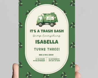 Boom, bang, crash, Garbage truck theme birthday Invitation, rubbage truck, recycle truck, celebrate the birthday boy! Editable, printable