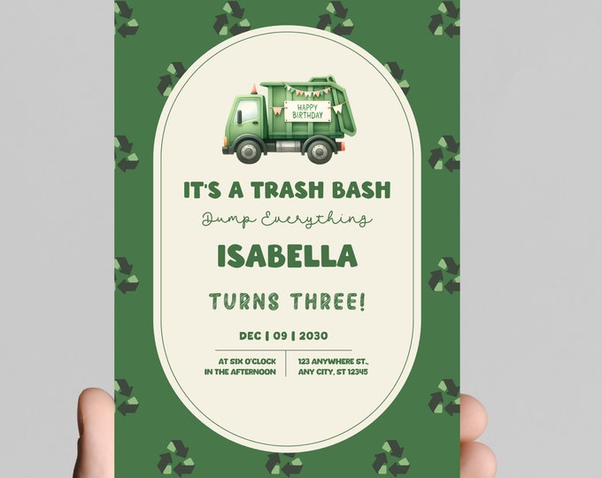 Boom, bang, crash, Garbage truck theme birthday Invitation, rubbage truck, recycle truck, celebrate the birthday boy! Editable, printable