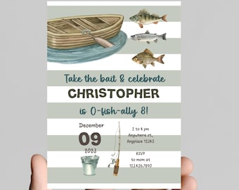May include: A blue and white striped invitation with a cartoon illustration of a fishing boat, fishing rod, and fish. The text reads "Take the bait & celebrate Christopher is O-fish-ally 8!" with the date "December 09 2023" and time "2 to 4 pm" and location "Anywhere st, Anyplace 12345".