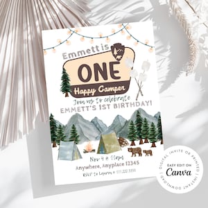 ONE happy camper theme 1st birthday party invitation, camping, camper, adventure, boy first birthday, printable or digital invitation