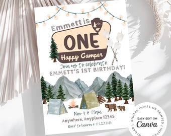ONE happy camper theme 1st birthday party invitation, camping, camper, adventure, boy first birthday, printable or digital invitation