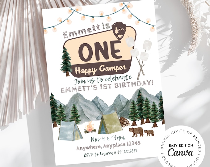 ONE happy camper theme 1st birthday party invitation, camping, camper, adventure, boy first birthday, printable or digital invitation