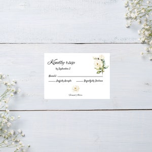 kindly RSVP card, white floral, greenery, beautiful and simple, RSVP for weddings, see matching invitation in my shop