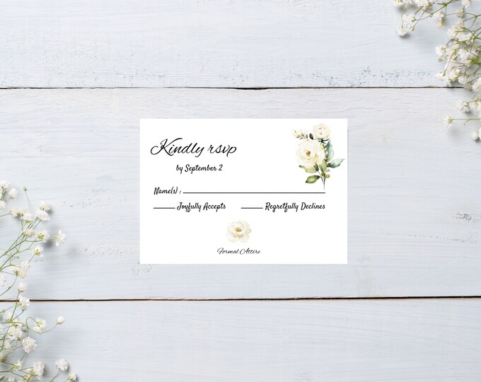 kindly RSVP card, white floral, greenery, beautiful and simple, RSVP for weddings, see matching invitation in my shop