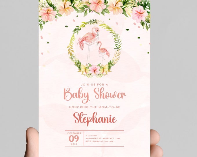 Flamingo theme girl baby shower invitation, pink and gold glitter, tropical, pineapple, come celebrate mom to be
