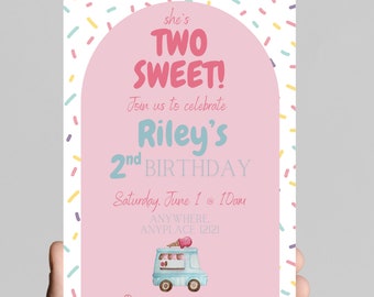 She’s TWO sweet! 2nd birthday ice cream cone and donuts, bakery sweets themed birthday party invitation for little girl, sprinkles, candy