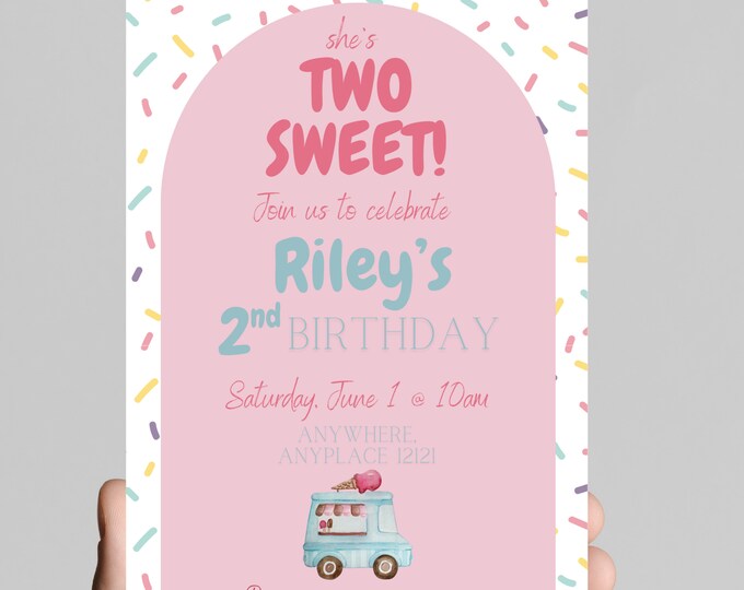 She’s TWO sweet! 2nd birthday ice cream cone and donuts, bakery sweets themed birthday party invitation for little girl, sprinkles, candy