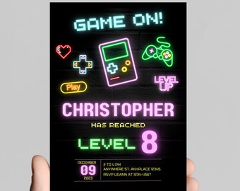 Gamer gaming birthday party invitation, neon lights, editable, printable, digital