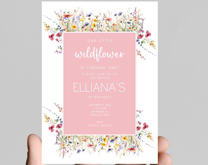 Our little wildflower, wildflower first birthday girl invitation, watercolor wildflower, floral, editable to any age