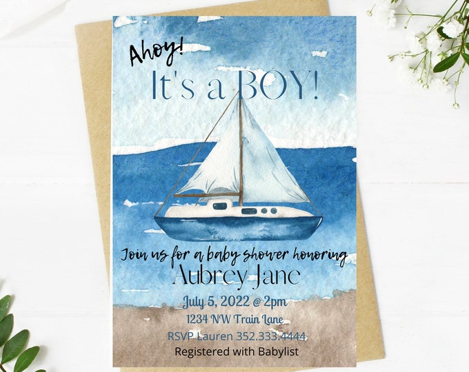 Ahoy its a boy!, baby shower invitation, nautical theme, sailboat, ocean, beach, anchors, baby boy