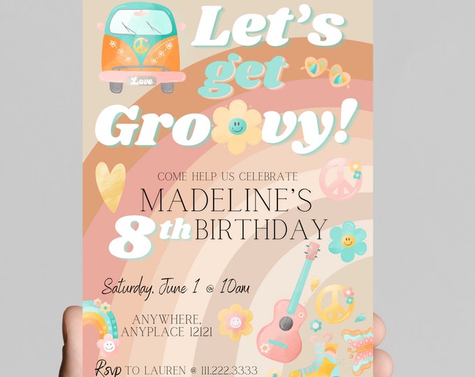Let’s get groovy, retro, 70’s, throwback, daisy, boho, rainbow, groovy hippie girl birthday invitation themed, edit any age, printable