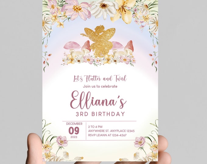 Fairy theme girl birthday party invitation, age is editable, fairies theme watercolor invitation , printable, digital
