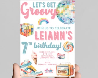 Let’s get groovy, retro, 70’s, throwback, daisy, boho, rainbow, groovy hippie girl birthday invitation themed, edit any age, printable