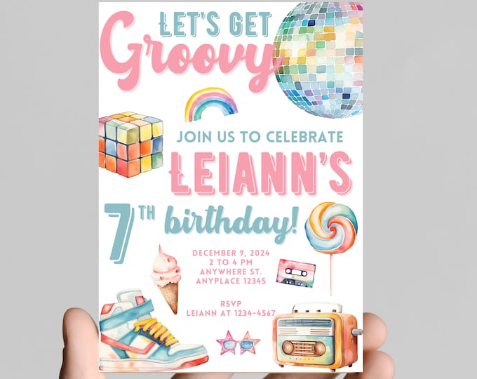 Let’s get groovy, retro, 70’s, throwback, daisy, boho, rainbow, groovy hippie girl birthday invitation themed, edit any age, printable