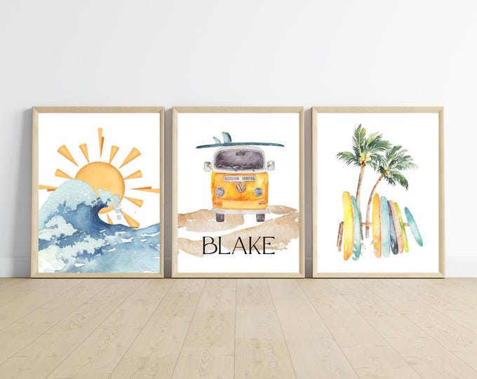 surf theme bedroom wall art, beach, coastal nursery decor, surfboards, beach baby, set of 3 digital downloads, name is customizable