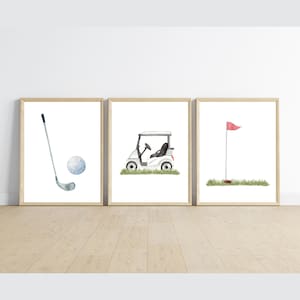 Sztuka ścienna z motywem golfa, mistrzowie, złote kije, piłka golfowa, tee golfowe, wózek golfowy, dekoracja ścienna do pokoju sportowego, 11x14, zestaw 3 sztuk, do wydrukowania