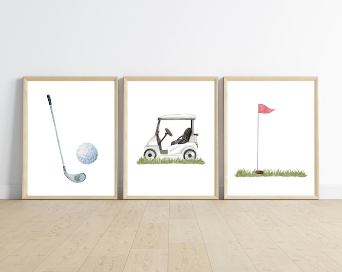 Golf theme wall art, the masters, gold clubs, golf ball, golf tee, golf cart, Sports room nursery decor wall art, 11x14, set of 3, printable