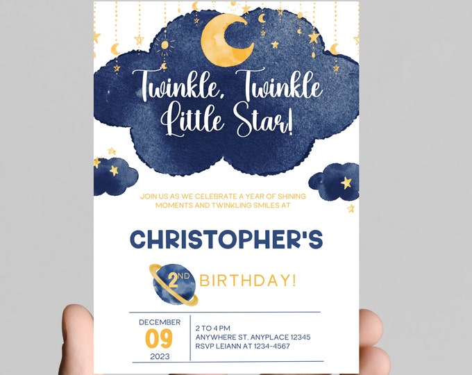 Twinkle twinkle little Star! Space theme boy 2nd birthday invitation, astronaut, outer space, rocket, edit and printable, digital