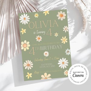 daisy, boho, wildflower girl birthday invitation themed, edit to any age, birthday party, sage green, digital edit and print