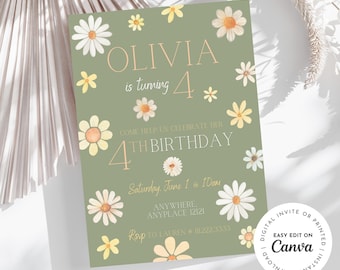 daisy, boho, wildflower girl birthday invitation themed, edit to any age, birthday party, sage green, digital edit and print