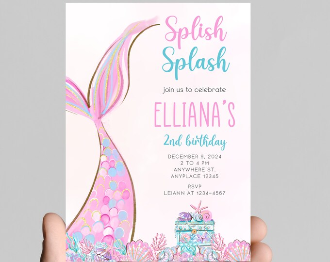 Mermaid and seashells theme girl birthday party invitation, sea shells, little mermaid tails, treasure, starfish, watercolor,age is editable