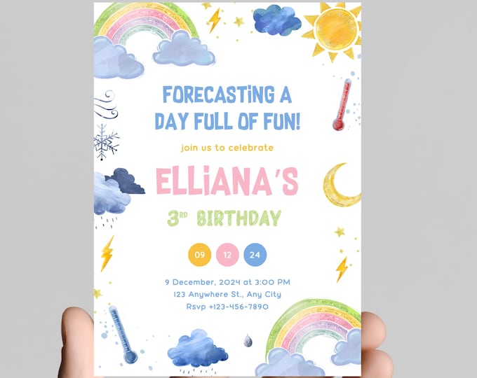 Rainbow and Weather themed 3rd birthday party invitation, forecasting a day of fun, birthday, printable, digital