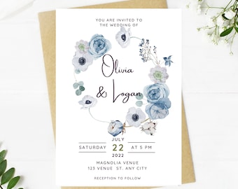Beautiful Wedding invitation, dusty blue floral, Wedding, blue floral, navy, printable, editable, instant download template, e-card, Bridal