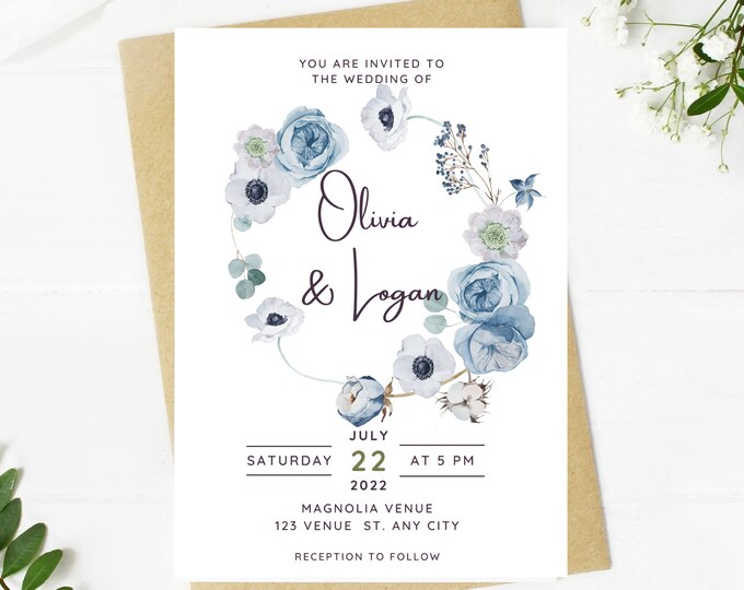 Beautiful Wedding invitation, dusty blue floral, Wedding, blue floral, navy, printable, editable, instant download template, e-card, Bridal